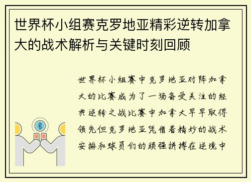 世界杯小组赛克罗地亚精彩逆转加拿大的战术解析与关键时刻回顾